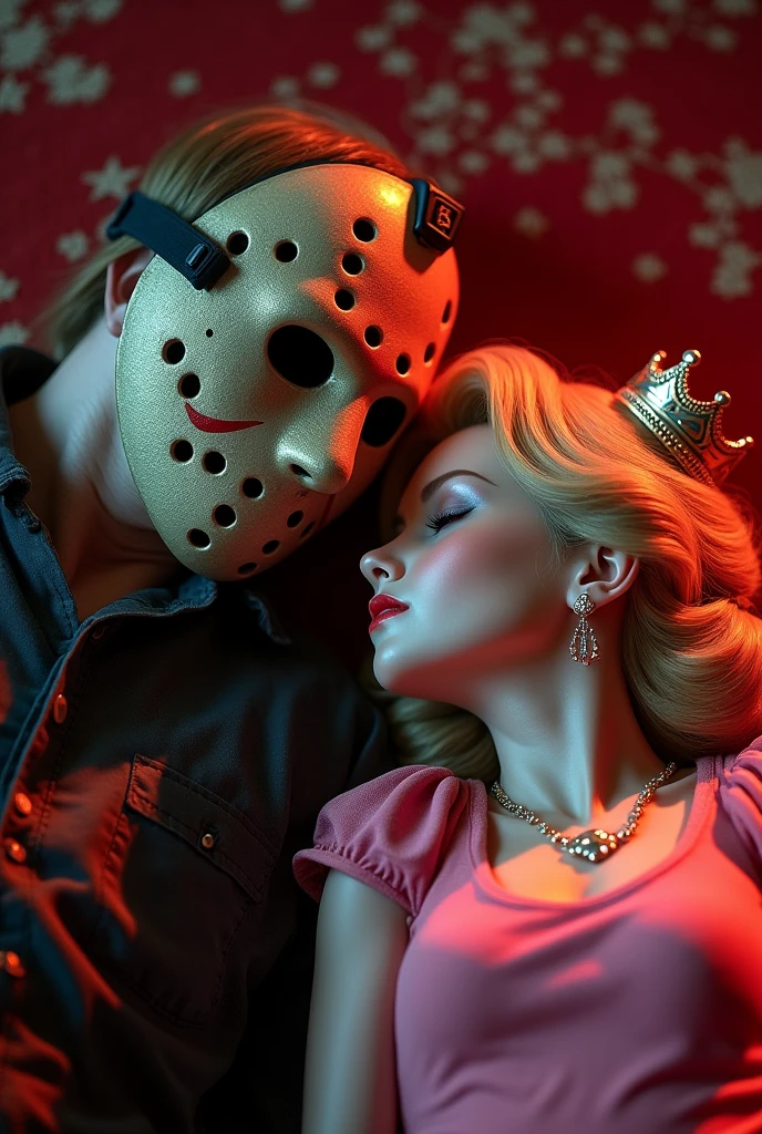 A close-up of Jason Voorhees lying on a carpet with blood stains, Princess Peach lying next to him, They are looking at each other, found head first, love, enloveados, warm environment, blood and pastel colors, dark and cheerful atmosphere at the same time, horror, love, 8k, ultra quality, masterpiece, realist, hiperrealist, HD, ultra HD