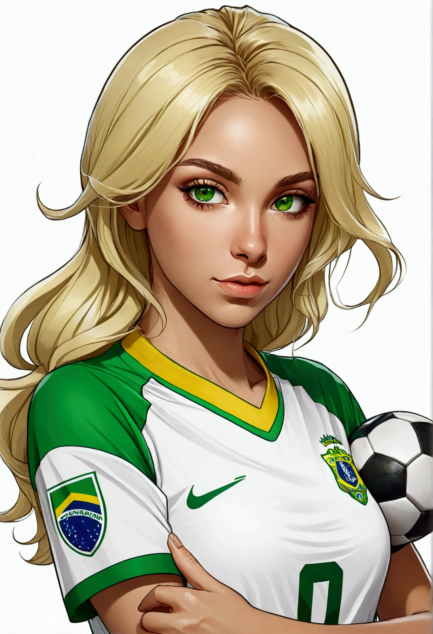 A woman, Brazilian, blonde, green eyes, white, wearing the shirt of the Brazilian football team, holding a soccer ball under her arm, anime style