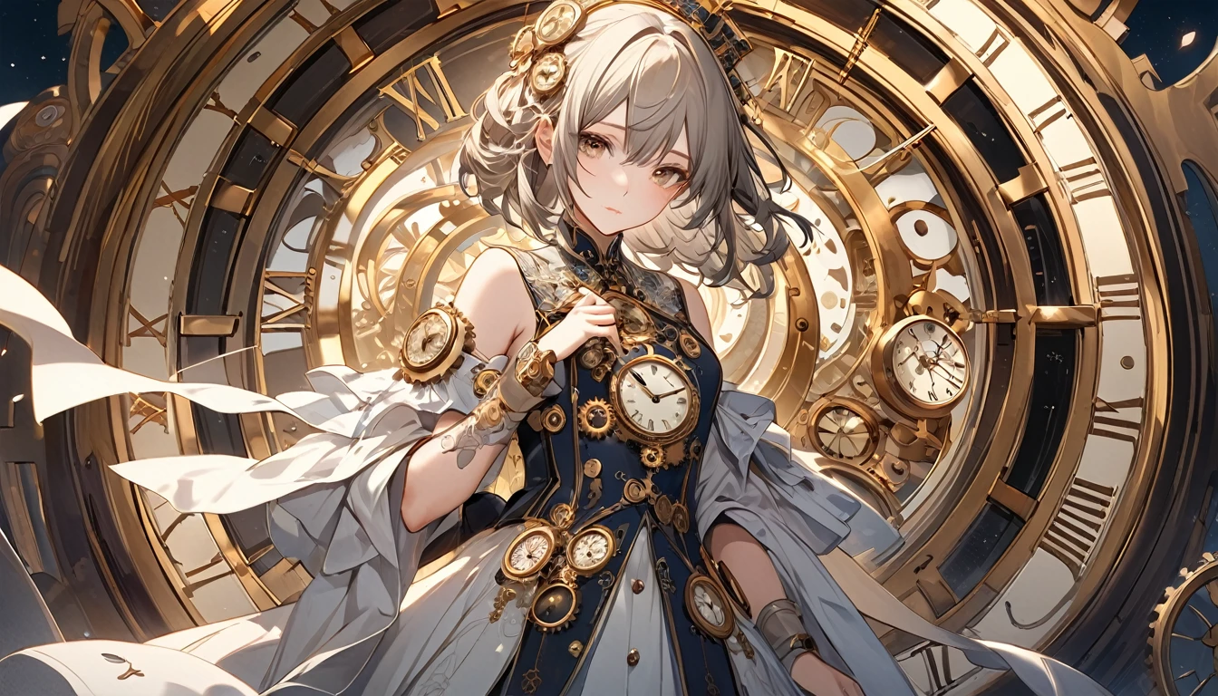 **290. One person。Clock personification。The calm incarnation of a clock that governs time。Cowboy shot or close-up。
masterpiece, best quality, ultra detailed (Detailed fingers), (Emotional), (Breathtakingly beautiful),
(main part: 1.2 Whole body。), (Anime Style), (Very detailed), (Personification of clock),
(超High resolution, High resolution), (8k), (High resolution: 1.2), (Complex and beautiful: 1.2)**
- background: Old clock tower、A space that lets you feel the passage of time。
- Personification: Young woman, around 18 years old、Wearing elegant outfits designed to resemble gears and clock faces。
-pose: Standing quietly as if watching over the time。
-expression: Calm and intelligent、A timeless and calm look。
- Effects: The hands of the clock move slowly、Time passing effect。
-color: Bronze and antique gold、A color that symbolizes the charm of old watches。