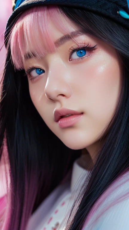 A close up of a woman with pink hair wearing a black hat, ((blue eyes)), guweiz style artwork, Kawaii realistic portrait, detailed face of an asian girl, photorealistic!!!!!!! Art Style, realistic painting cute girl, low detailed. Digital paint, realism artistic style, black rose jisoo portrait, Digital paint highly detailed, detailed Digital paint, # 1 Digital paint of all time