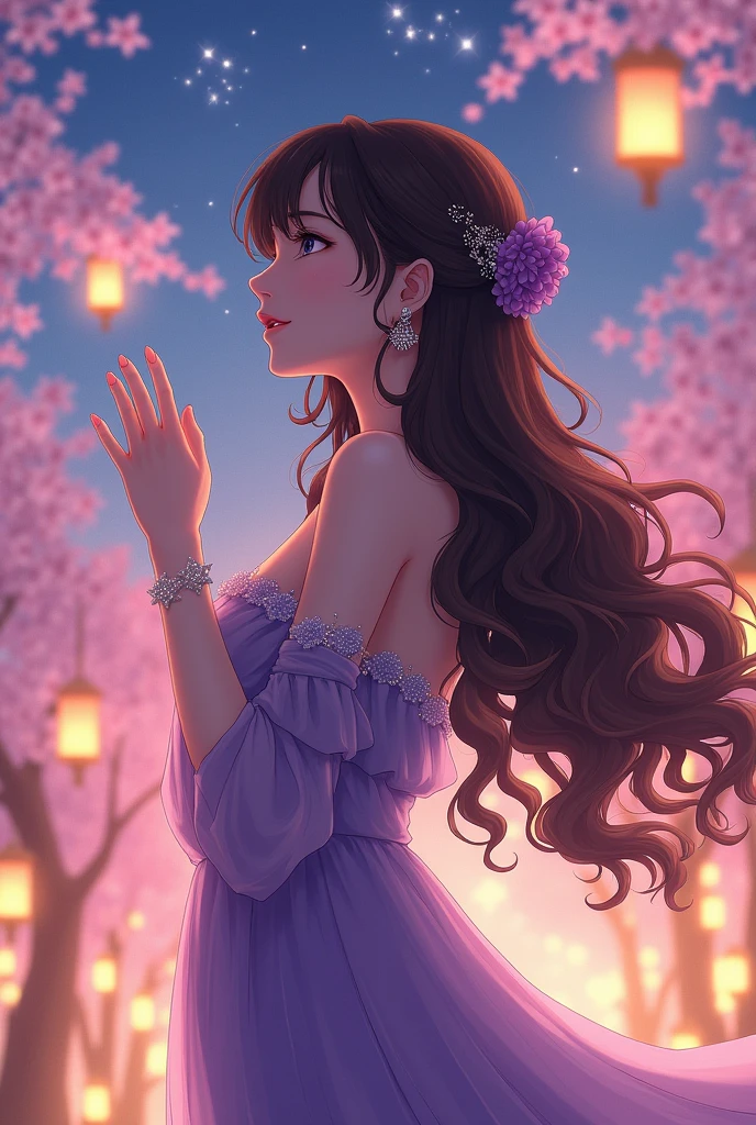 Anime girl long curly hair medium brunette purple thin and elegant clothes with jewelry