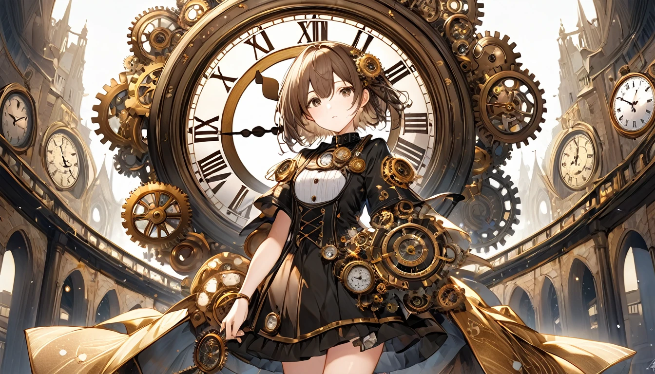 **290. One person。Clock personification。The calm incarnation of a clock that governs time。Cowboy shot or close-up。  
masterpiece, best quality, ultra detailed (Detailed fingers), (Emotional), (Breathtakingly beautiful),  
(main part: 1.2 Whole body。), (Anime Style), (Very detailed), (Personification of clock),  
(超High resolution, High resolution), (8k), (High resolution: 1.2), (Complex and beautiful: 1.2)**
- background: Old clock tower、A space that lets you feel the passage of time。
- Personification: Young woman, around 18 years old、Wearing elegant outfits designed to resemble gears and clock faces。
-pose: Standing quietly as if watching over the time。
-expression: Calm and intelligent、A timeless and calm look。
- Effects: The hands of the clock move slowly、Time passing effect。
-color: Bronze and antique gold、A color that symbolizes the charm of old watches。
