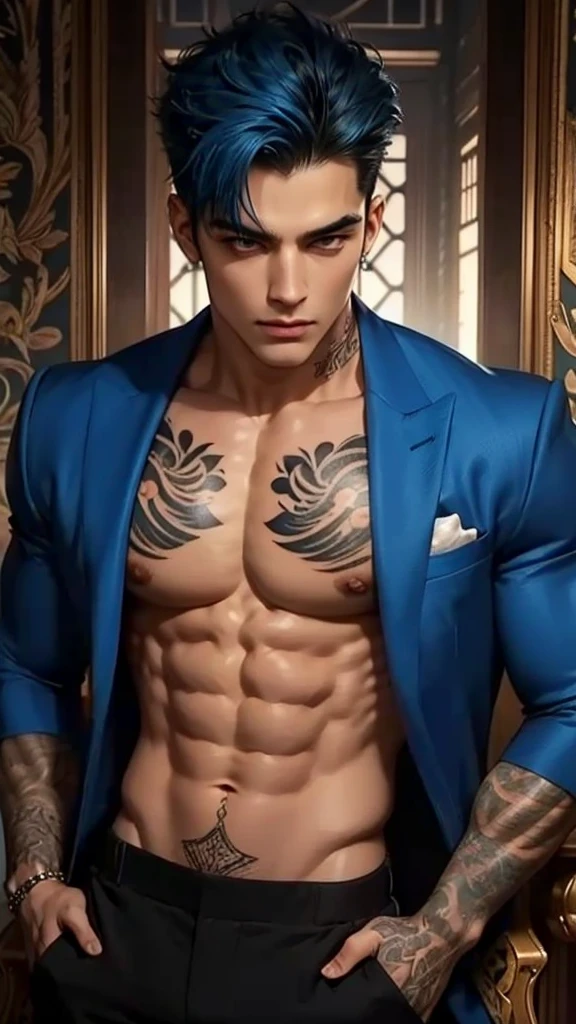 a muscular handsome man, detailed face, perfect facial features, smooth skin, sexy expression, sapphire blue hair, short hairstyle, looking at the viewers romantically, sexy gaze, large chest, sapphire blue velvet jacket, shirtless, black pants, tattooed chest,