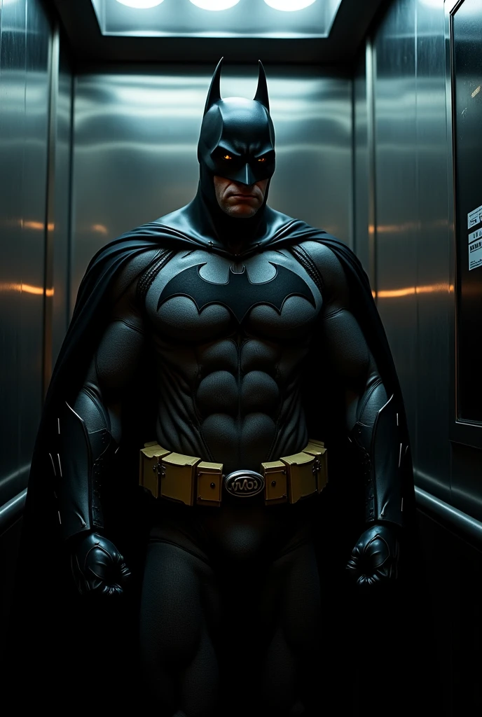 Photo of Batman staring straight ahead in an elevator