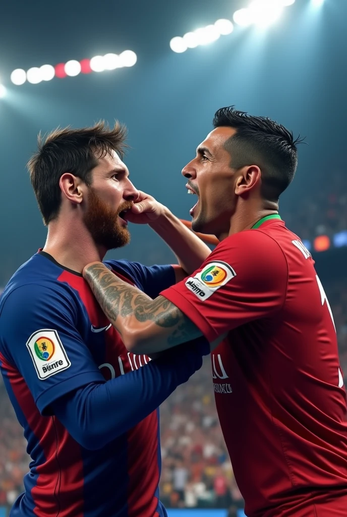 messi punch with his fist right on cristiano ronaldo face,WWE championship match,two professional soccer players fighting,intense action scene,dramatic sports event,realistic 3D render,hyperrealistic,cinematic lighting,vivid colors,intense motion blur,masterpiece,(best quality,8k,photorealistic,hyper detailed:1.5),ultra detailed facial features,extremely realistic human ???????,(dramatic,intense:1.2