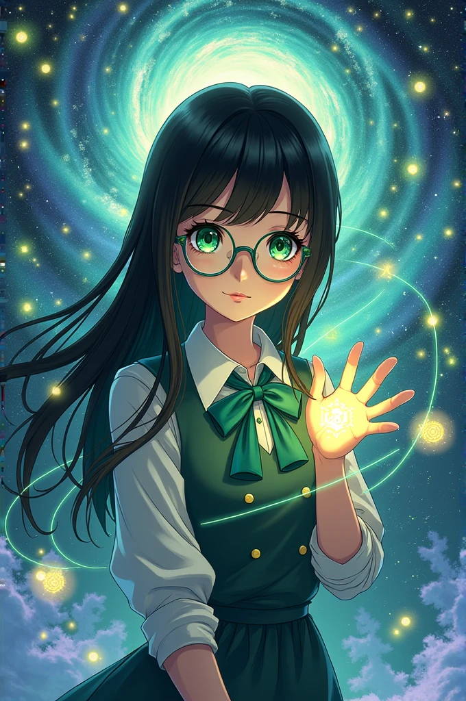 Create an anime character with black hair, wears glasses and has the power to manipulate the strings of reality and manipulate the multiverse. 