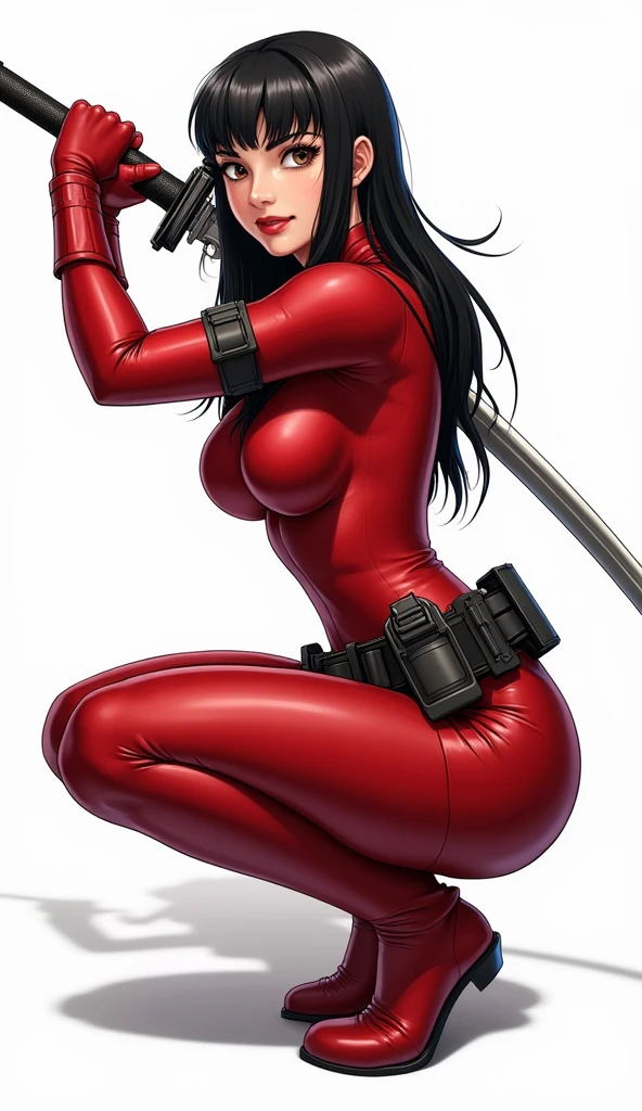 (((Perfect body,White and tender skin,(((BodySuit_lady_deadpool_ownwaifu,bodysuit, skin tight, superhero, Belt Pouch, utility belt, red bodysuit, gloves, weapon on back, thigh pouch, thigh strap, thigh holster, belt buckle, turtleneck, ))),(((ailisha,Black long hair, super long hair, slanted bangs, brown eyes, red lips))),((masterpiece)),high resolution, ((Best quality at best)),masterpiece,quality,Best quality,((( Exquisite facial features,Looking at the audience,There is light in the eyes,Smile))),whole body, Crouch and swing the sword, Hold the sword correctly))),(((Light and shadow,Huge breasts,))),(((Looking at the camera,White background,))))