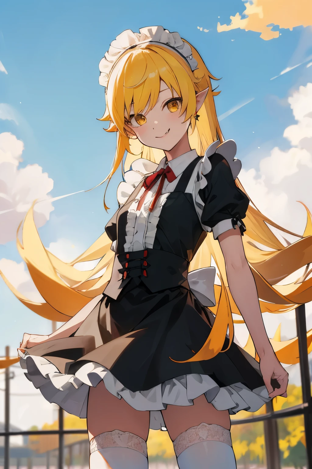 masterpiece, best quality, highres, aashinobu, aged down, long hair, pointy ears, maid headdress, mini-skirt maid, standing, lace stockings, cowboy shot, smile, fang, outdoors,