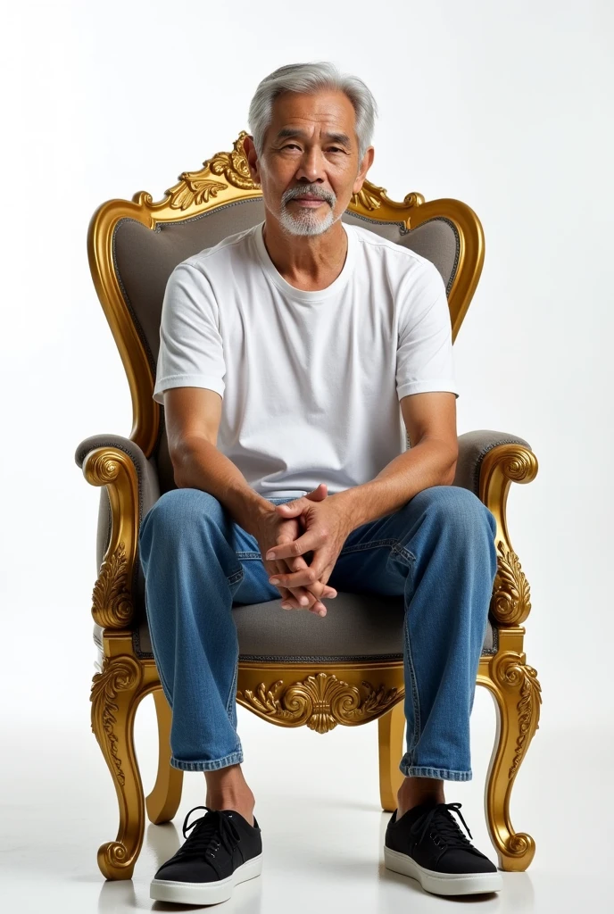 Thai man, white skin, old, gray hair, wear white t-shirt, blue jeans, black canvas shoes, sit on gold chair, white background, 4k