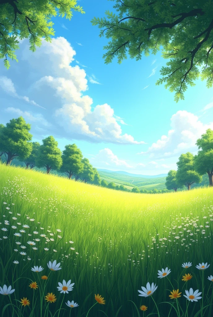 Meadow, field meadow, some trees in the distance, Dappled light and shadow, beautiful, masterpiece
