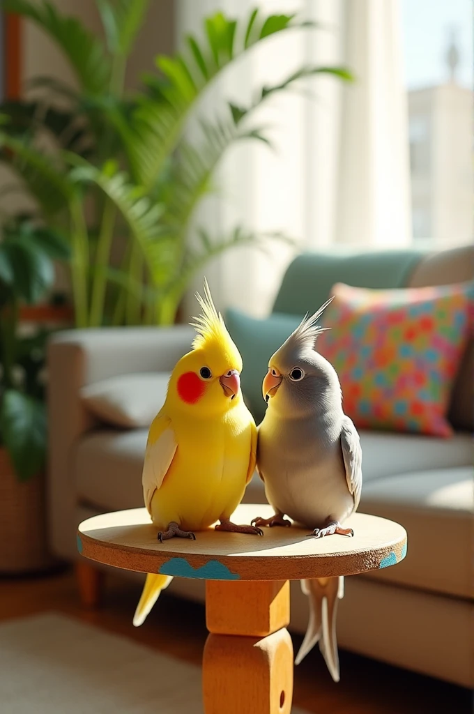 Two cockatiels, one yellow and the other gray 