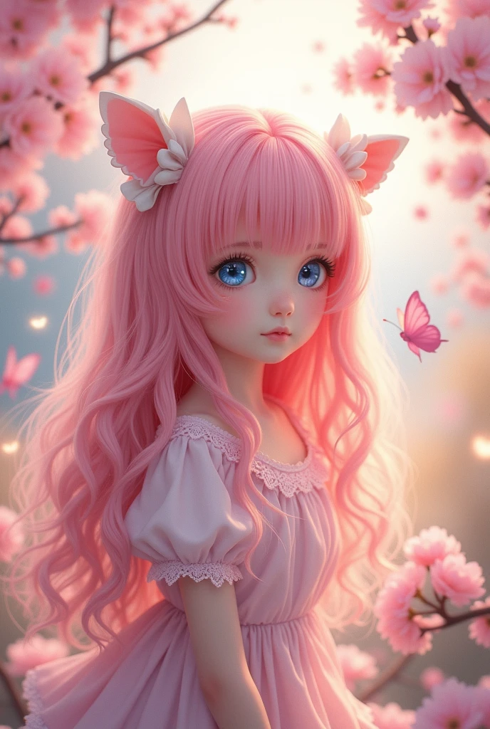 Girl with long pink hair and white bows and light pink clothes and blue eyes 