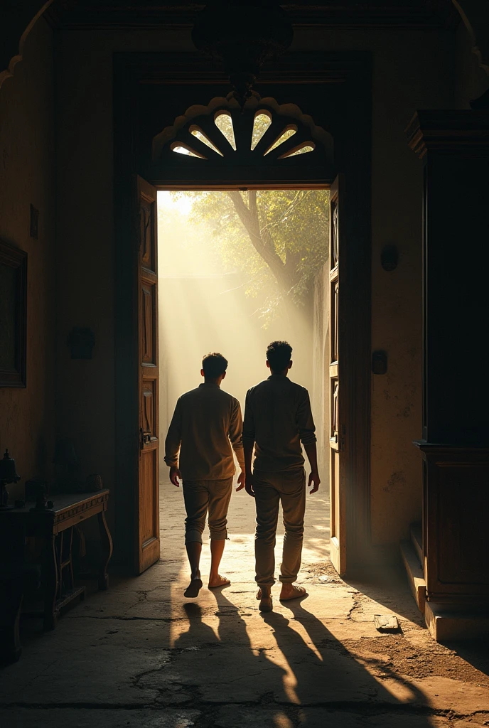 [Scene 2: Ahmed and Farhan Entering the Haveli]
Prompt: Two friends, Ahmed and Farhan, cautiously entering the old haveli. Ahmed has a mischievous grin, while Farhan looks nervous and hesitant. The hallway inside the haveli is dimly lit, with cobwebs and dusty furniture adding to the eerie atmosphere.
