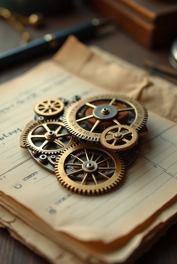 Generate a photo of the edges of loose-leaf paper and the gears meshing with each other