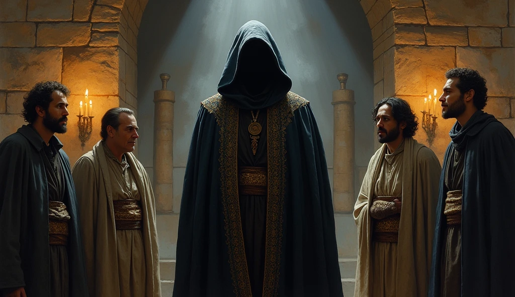 oil painting, man in dark ornate robe, shadowed face teaching three other men