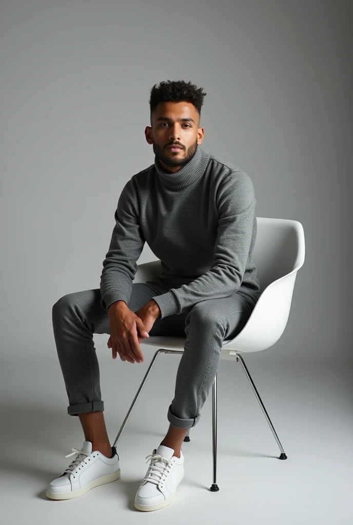 best qualityer:1.4), (ultra high resolution:1.2), (photorrealistic:1.4), (8k, CRU photo:1.2), a thin young man of 20 years old, Light brown skin, with a smooth, beardless face, with short hair, with shaved sides and a slightly curly top, similar to the fade or taper haircut style, gray long sleeve turtleneck shirt, Gray pants, White sneakers, is sitting on a white chair. You are in a photography studio with a gray background