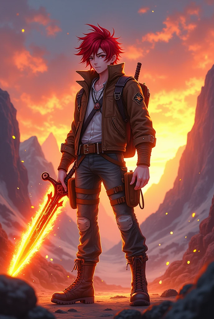 anime boy, Red hair, White skin, Red eyes,adventurer clothes and a fire sword , of 18 years