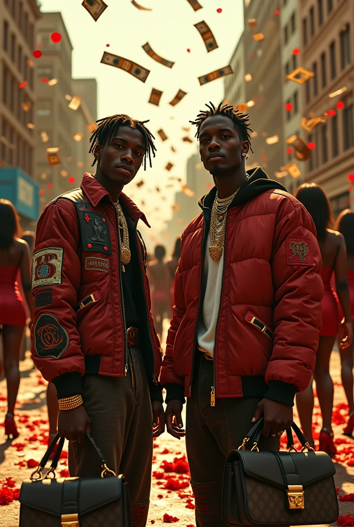 Make two black characters (male), in rapper clothes ,each one with their bag  , a bag from Louis Vuitton and another from Gucci ,in the background place several vampire women (make women look like demons )also make money fall from the sky with blood stains , create an aspect of beauty and destruction , make a street of gold 