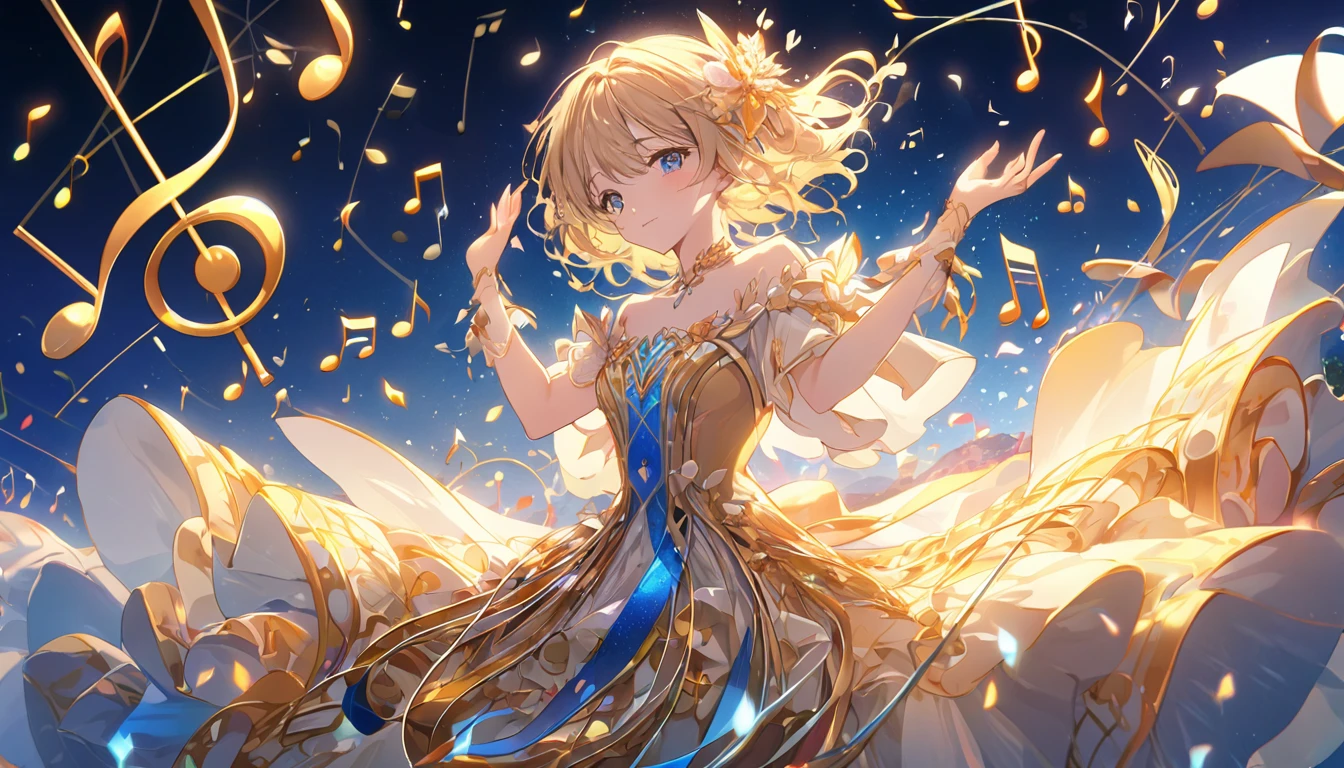 **291. One person。Personification of Music。The embodiment of beautiful melodic music。Cowboy shot or close-up。  
masterpiece, best quality, ultra detailed (Detailed fingers), (Emotional), (Breathtakingly beautiful),  
(main part: 1.2 Whole body。), (Anime Style), (Very detailed), (Music Personification),  
(超High resolution, High resolution), (8k), (High resolution: 1.2), (Complex and beautiful: 1.2)**
- background: An elegant space filled with musical instruments、A landscape of dancing musical notes。
- Personification: Young woman, around 18 years old、Wearing a dress with musical notes and instruments motif。
-pose: Hold up your hands、Melodic movements。
-expression: Elegant and passionate、A look of devotion to music。
- Effects: Musical notes floating in the air、Melody visualization effect。
-color: Gold and deep blue、A color that symbolizes the depth and richness of music。
