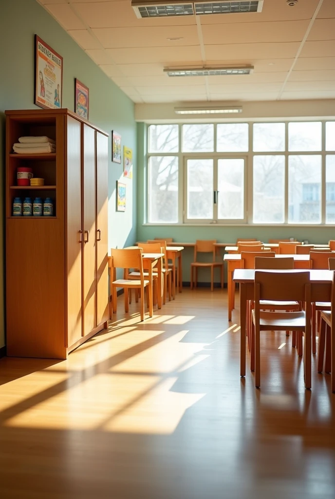 Create a classroom with 30 chairs and 15 tables in columns where there is a table for the teacher and a wardrobe that serves as a shelf for only 2 chairs at a table, The closet is on the left side and has 2 shelves for personal hygiene items.
