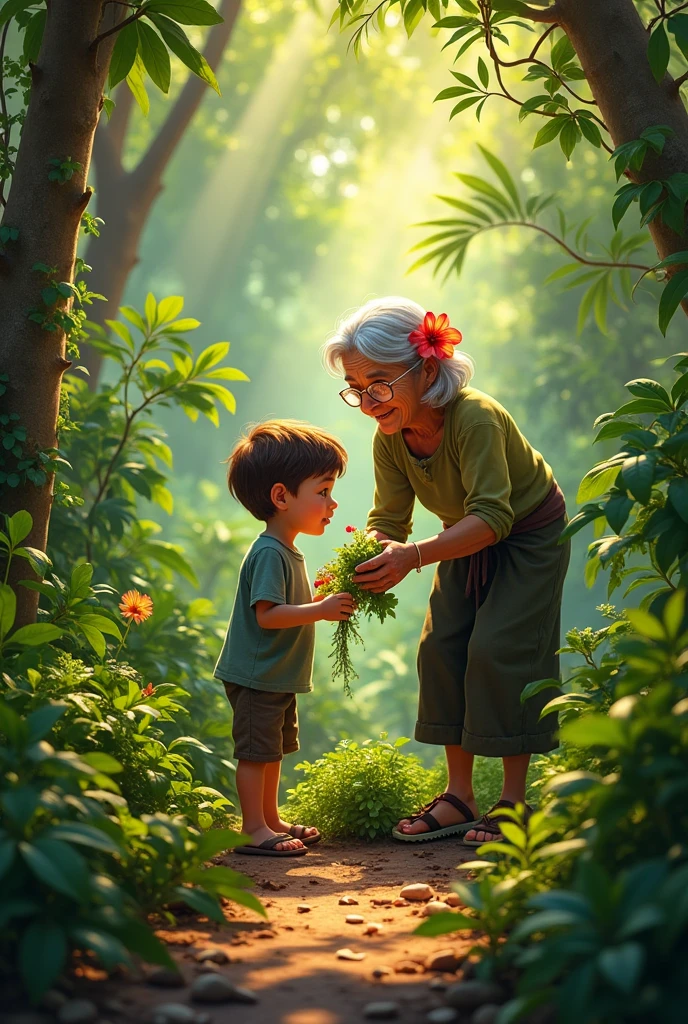 boy collect herbs with her old grandmother in jungle