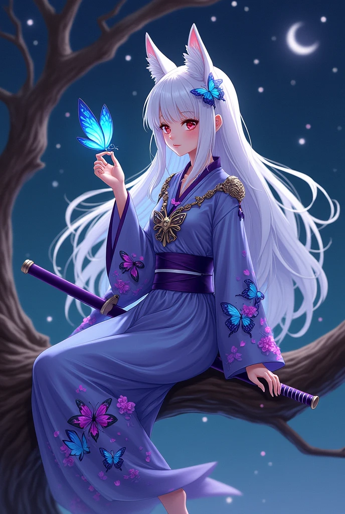Girl with white hair wearing a butterfly haori with one purple eye and one red eye and a purple katana and a purple and blue butterfly brooch with long hair sitting on a tree at night and holding a butterfly on her finger and wearing a fox mask with a black uniform
