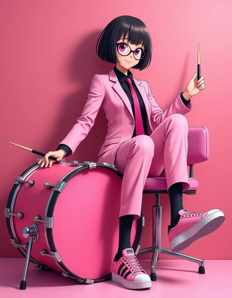 The young woman short black hair and pink eyes wear a pink suit, black shirt, magenta necktie, pink cap, black pencil skirt, black underpants, black tights, black socks, adidas pink sneakers.
She wear glasses and holding a drumstick, she sit on the chair and her right leg has to kick a pedal bass drum, pink drum set, pink room, cartoon anime, 4K, HD