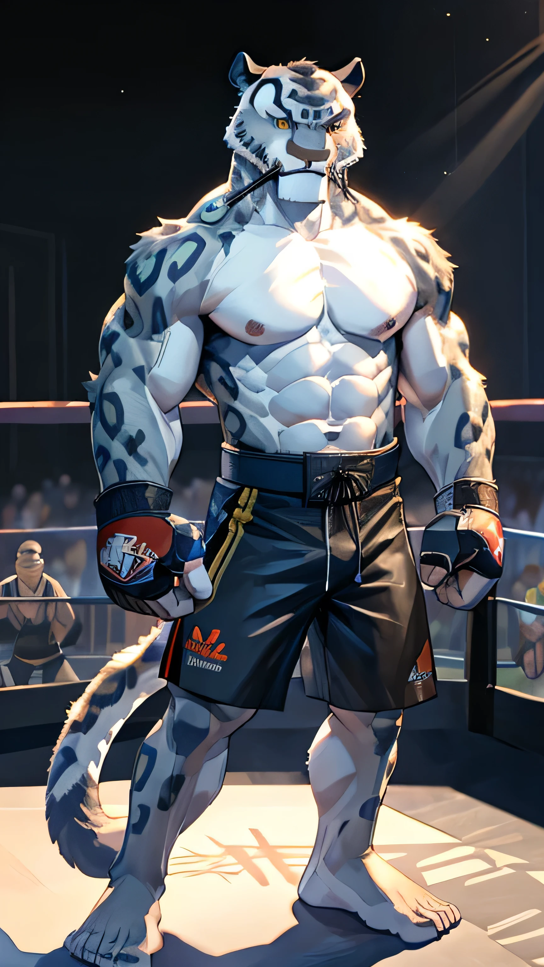 Kung Fu Panda cartoon, furry snow leopard Tai Lung, tall, slender, handsome, extremely beautiful face, muscular body, six pack abs, gentle look, shirtless, ufc gear, ufc shorts, bare feet, ufc gloves, standing in the ufc ring, fighting stance