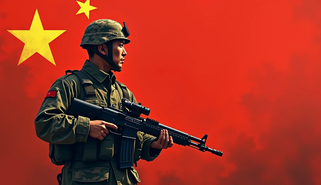 (The background is the entire,The map is red,On the left is the five-star red flag) (A Chinese man in camouflage uniform holding an AK47 submachine gun)(The whole picture has a sentence"If there is a war,Must return when summoned!",The font must be strong and powerful)(The whole picture looks very loving.)(Aspect ratio of 3:2)(The whole picture is very technological)
