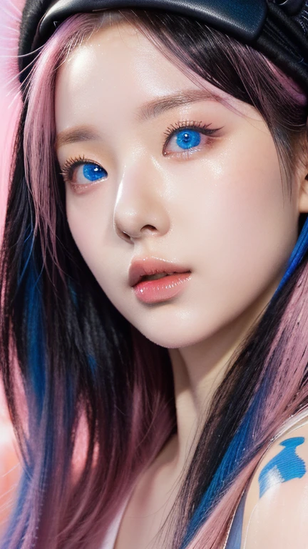 A close up of a woman with pink hair wearing a black hat, ((blue eyes)), guweiz style artwork, Kawaii realistic portrait, detailed face of an asian girl, photorealistic!!!!!!! Art Style, realistic painting cute girl, low detailed. Digital paint, realism artistic style, black rose jisoo portrait, Digital paint highly detailed, detailed Digital paint, # 1 Digital paint of all timeXision Wu, jisoo from blackpink, popular south korean makeup, quality detailed ,(beautiful makeup :1.2)
