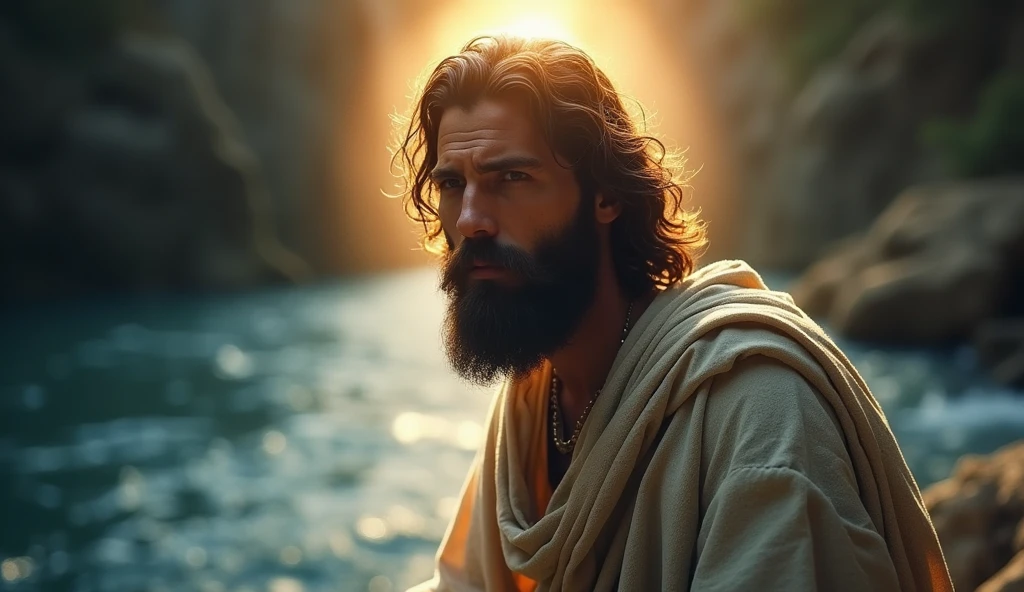 A captivating thumbnail for a YouTube video titled 'Do You KNOW Who Was the LAST PROPHET of the New Testament??' presenting a dramatic portrait of John the Baptist, with a contemplative expression, and a river in the background representing baptism. The background should have deep blue tones and golden hues to create a sacred atmosphere.. Use a divine light effect around John to emphasize his importance. The composition should direct the viewer's gaze to João's face, evoking feelings of curiosity and wonder.