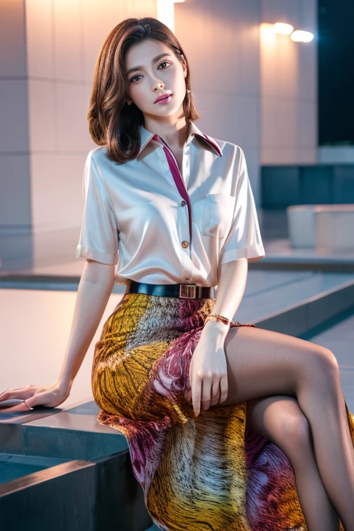 colorful shirt with collar、(Animal print long skirt:1.2)、(silk pantyhose)、(She is sitting, showing off her beautiful legs and high heels)、1 girl、(Delicate face、Detailed eyes and face、double eyelid、Glossy lips)、Moisturized skin、Highly detailed face and skin texture、Two well-balanced legs、((Highest quality、Ultra-high resolution、masterpiece、8k))、((Perfect Anatomy、Anatomically correct))、(Full Body Portrait)、Modern architecture at night on the background、Professional Lighting