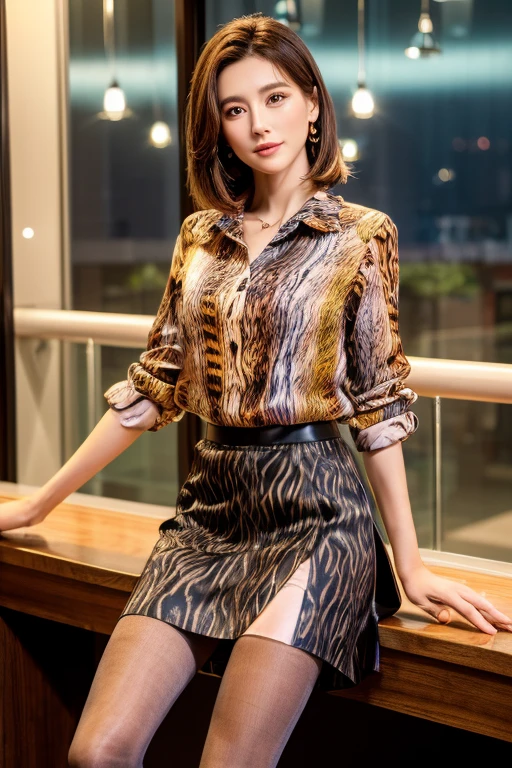 colorful shirt with collar、(Animal print long skirt:1.2)、(silk pantyhose)、(She is sitting, showing off her beautiful legs and high heels)、1 girl、(Delicate face、Detailed eyes and face、double eyelid、Glossy lips)、Moisturized skin、Highly detailed face and skin texture、Two well-balanced legs、((Highest quality、Ultra-high resolution、masterpiece、8k))、((Perfect Anatomy、Anatomically correct))、(Full Body Portrait)、Modern architecture at night on the background、Professional Lighting