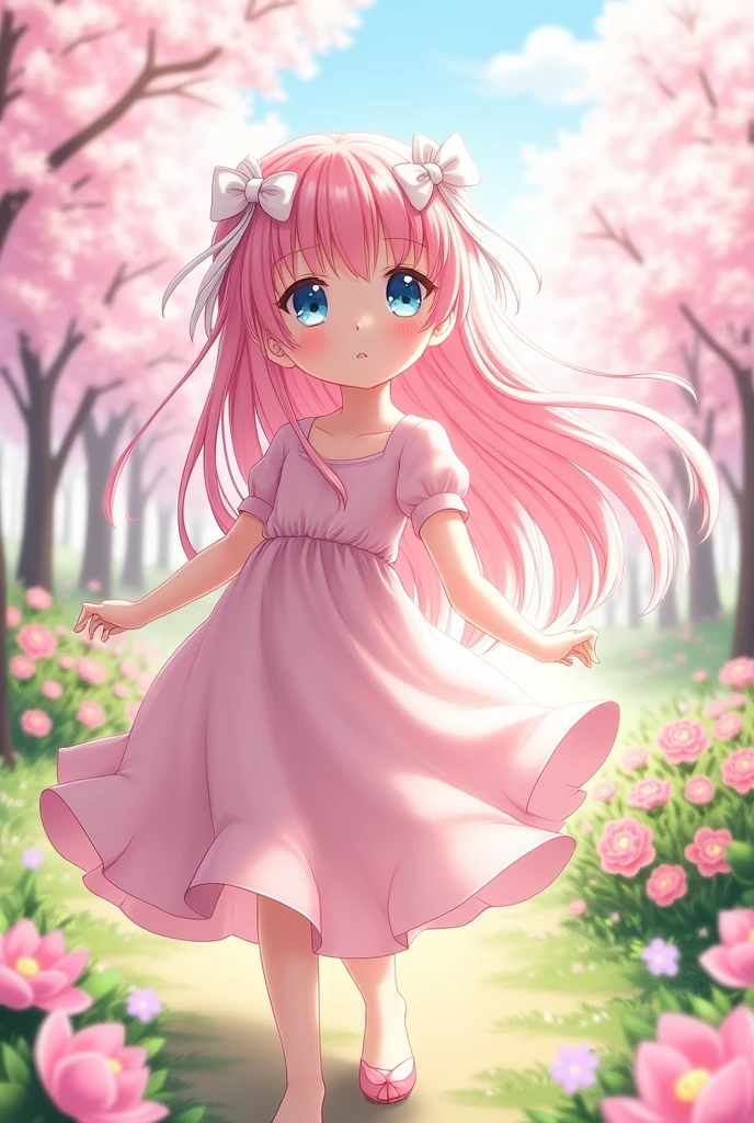 Girl with long pink hair and white bows and light pink clothes and blue eyes
