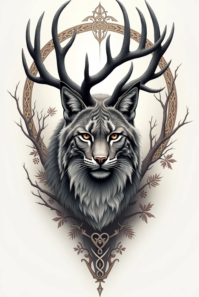 could you create a forearm tattoo sketch of a lynx with deer antlers, also with Nordic symbols