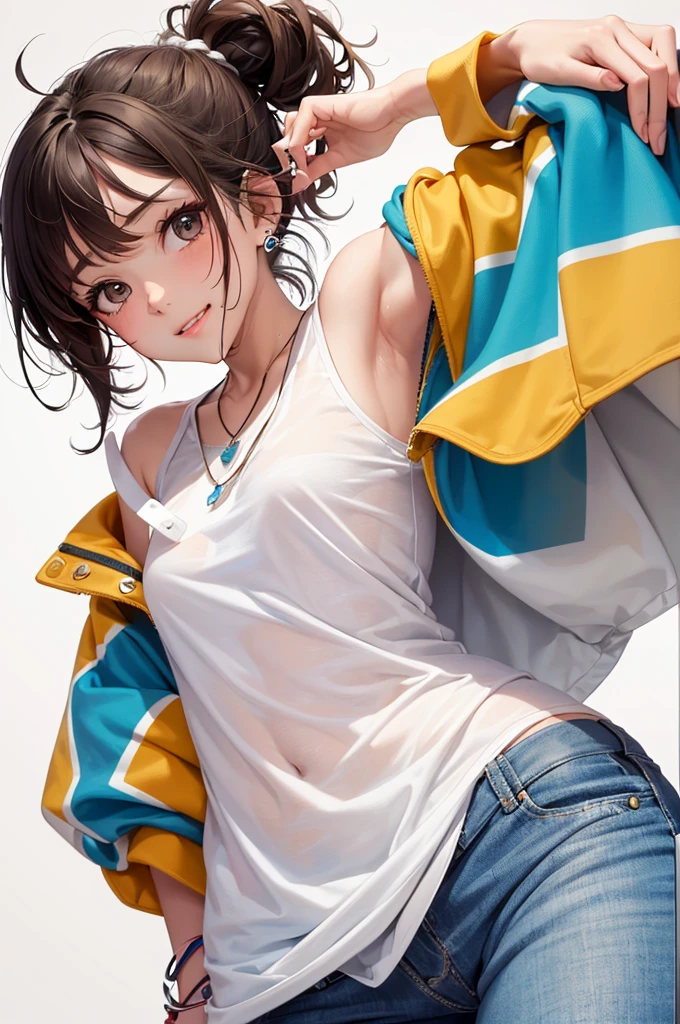 Best Quality,High resolution,8k,(plain white background, no patterns, no textures, just a plain white background:1.3),Masterpiece:1.2),beautiful girl,Shiny brown hair,messy hair,Brown eyes,A teenage girl in a bright, oversized graphic tee or tank top with a cheerful design, paired with high-waisted shorts in a light, colorful cotton fabric with a subtle pattern. She is wearing casual sneakers with a pop of color or simple yet stylish sandals. Accessories include a playful pendant necklace and colorful stud earrings,Gentle look,A refreshing look,smile,Best quality,Best Quality,Aesthetic and aesthetic:1.2,Best details((Super detailed))(High-definition CG illustrations),Slender body,smile,blush,cute,Scrounge,Looking up,Being spoiled,super model