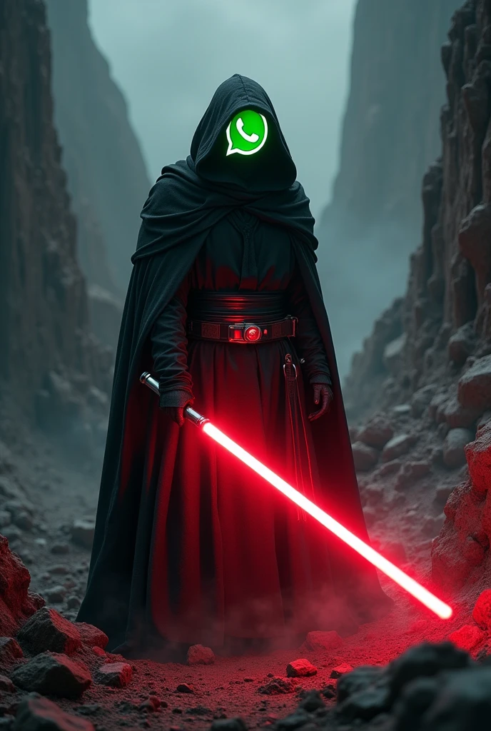 The app Whatsapp as a Sith Lord from Star Wars, colors of the app, red lightsaber, creepy, scary, ultra-realistic