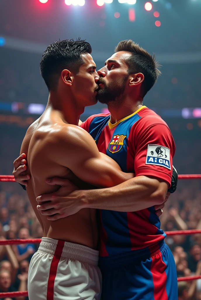  cristiano ronaldo choke Messi in WWE championship match,two professional soccer players fighting,intense action scene,dramatic sports event,realistic 3D render,hyperrealistic,cinematic lighting,vivid colors,intense motion blur,masterpiece,(best quality,8k,photorealistic,hyper detailed:1.5),ultra detailed facial features,extremely realistic human anatomy,(dramatic,intense:1.2