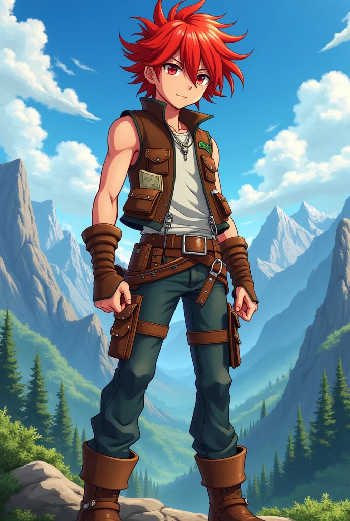 anime boy, Red hair, White skin, Red eyes,adventurer clothing and
, of 18 years