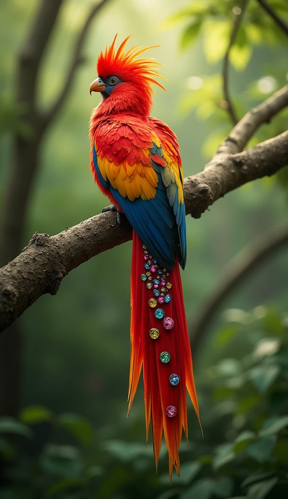 A majestic bird with red feathers, a vibrant yellow and orange crest, and a long tail adorned with colorful spots, perched on a branch with a blurred green forest background.