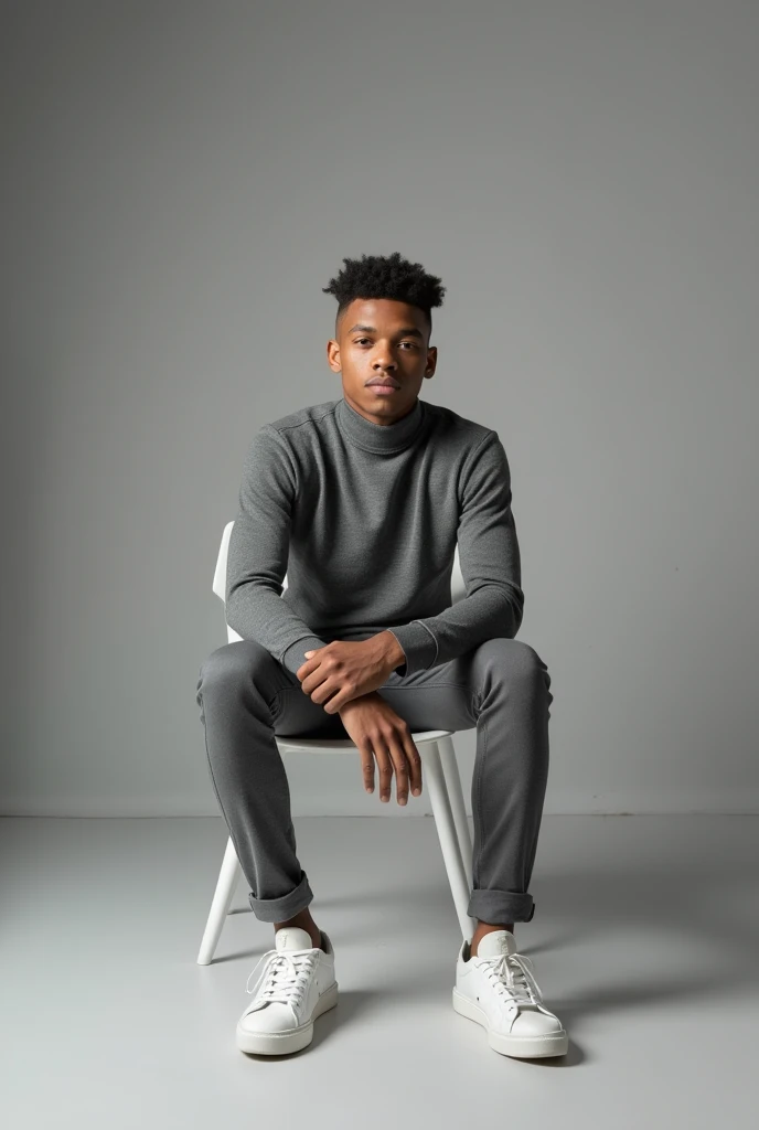 best qualityer:1.4), (ultra high resolution:1.2), (photorrealistic:1.4), (8k, CRU photo:1.2), a thin young man of 20 years old, Light brown skin, with a smooth, beardless face, with short hair, with shaved sides and a slightly curly top, similar to the fade or taper haircut style, gray long sleeve turtleneck shirt, Gray pants, White sneakers, is sitting on a white chair. You are in a photography studio with a gray background