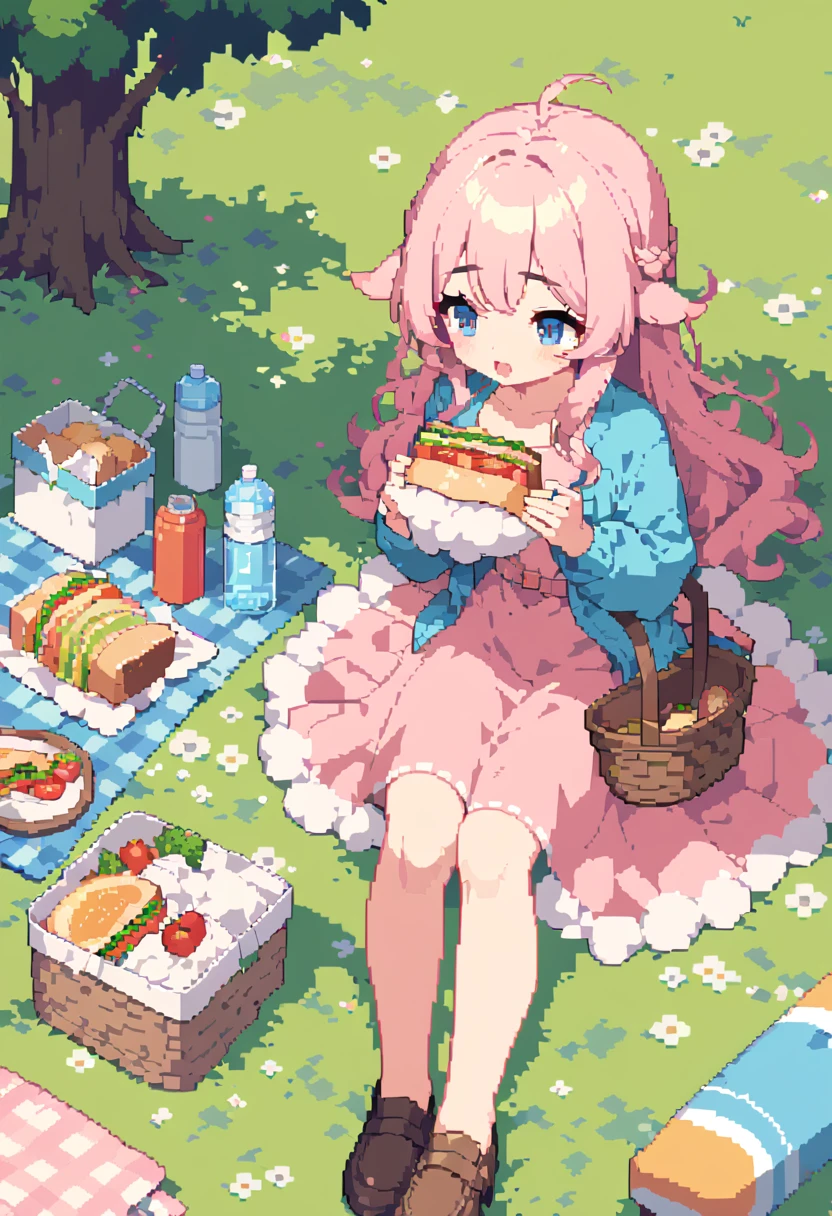 masterpiece, Highest quality, 8k, Beautiful pixel art, Vivid, Sheep, young woman, Open your mouth, ((Fluffy hair)), Long Hair, Hair like sheep's hair, Pink Hair, eyebrow, 太いeyebrow大きな目の人形1体，Pink dress, Blue cardigan, Brown shoes, grassland, picnic, Basket with packed lunches, Eating a sandwich, Water bottle, Sitting on a plaid sheet