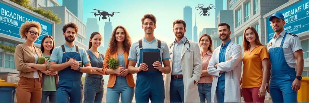 I created a banner with real people in 8k with professions like: teacher, farmer, nurse, lawyer, doctor, janitor, Policerman, an image with a background that brings technology and current affairs that shows the diversity of professions.