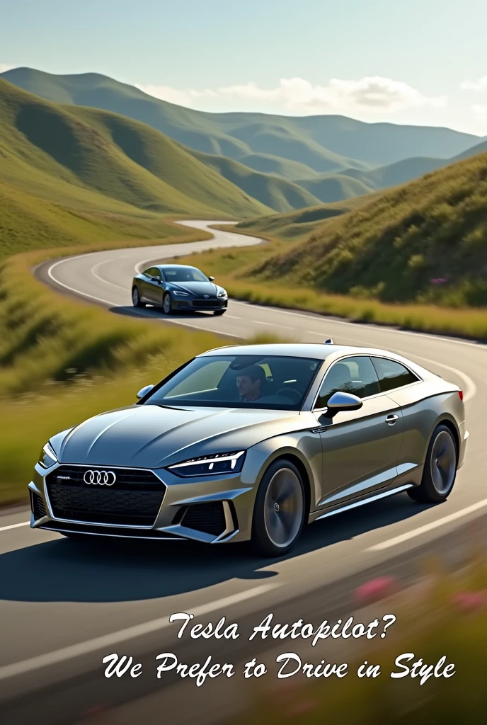 Here's a prompt you can use to generate an AI image for your Audi ad:
**"Create an image of a sleek, modern Audi car driving on a winding road through a picturesque landscape. The car should be shown in motion, highlighting its dynamic design and elegance. In the background, subtly include a Tesla car in autopilot mode, with no visible driver, while the Audi has a confident driver at the wheel, enjoying the drive. The tagline 'Tesla Autopilot? We Prefer to Drive in Style' should be prominently displayed in a stylish, bold font at the top or bottom of the image. The overall vibe should convey luxury, control, and the thrill of driving."** Make the tagline in another font
