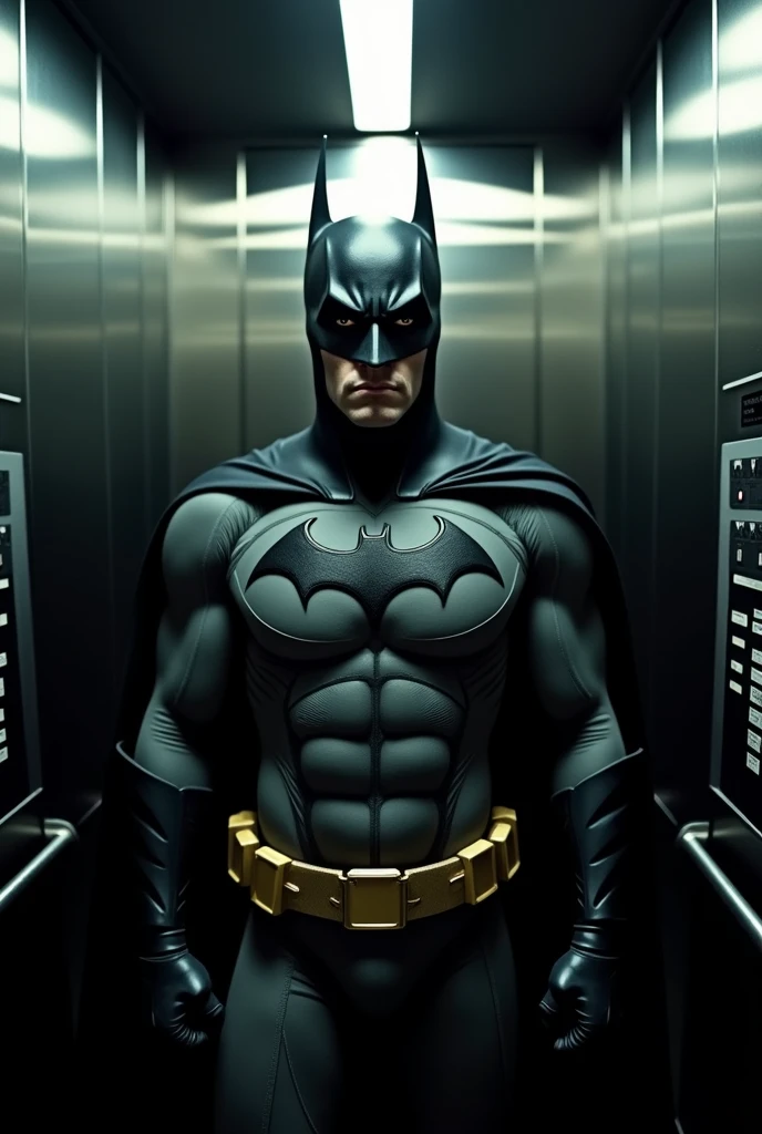 Photo of Batman staring straight ahead in an elevator and the photo has to be taken with a fisheye camera