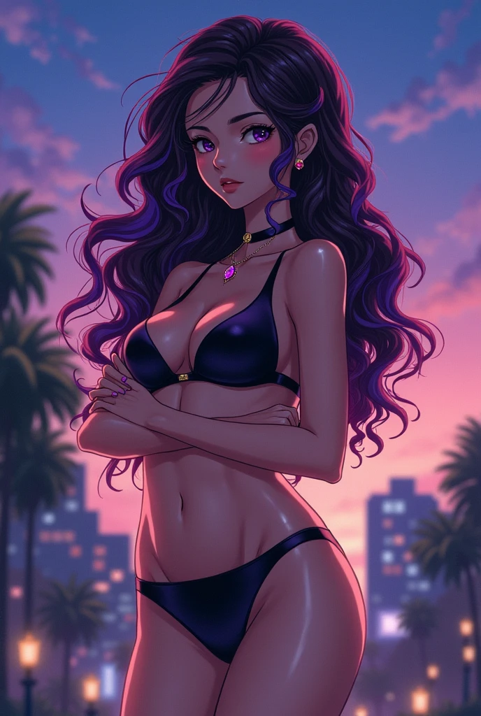 Anime girl long curly hair half brunette purple thin clothes and elegant with jewelry sexy looking forward