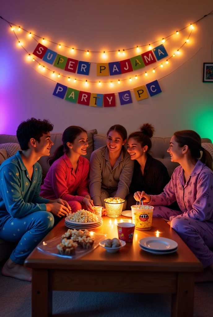 A group of friends are gathered in a cozy living room, decorated with colored lights, soft pillows and blankets. Each wears pajamas that reflect their unique personality.. One of them is wearing blue pajamas with stars, another in bright red pajamas, and another with gray pajamas with fun prints. There is also a friend wearing elegant black pajamas and another friend wearing purple pajamas with cartoons.

They are sitting around a low table full of snacks., like popcorn, sweets and cupcakes decorated with symbols reminiscent of superheroes. At the center, there are open beer cans, and everyone seems relaxed and excited, laughing and talking. One of them is hanging on the couch, holding a bucket of popcorn.

on the wall, there is a colorful banner that says "Super Pajama Party GPC", with smiling faces. The room is softly lit, creating a warm and fun atmosphere, while everyone enjoys the moment together.