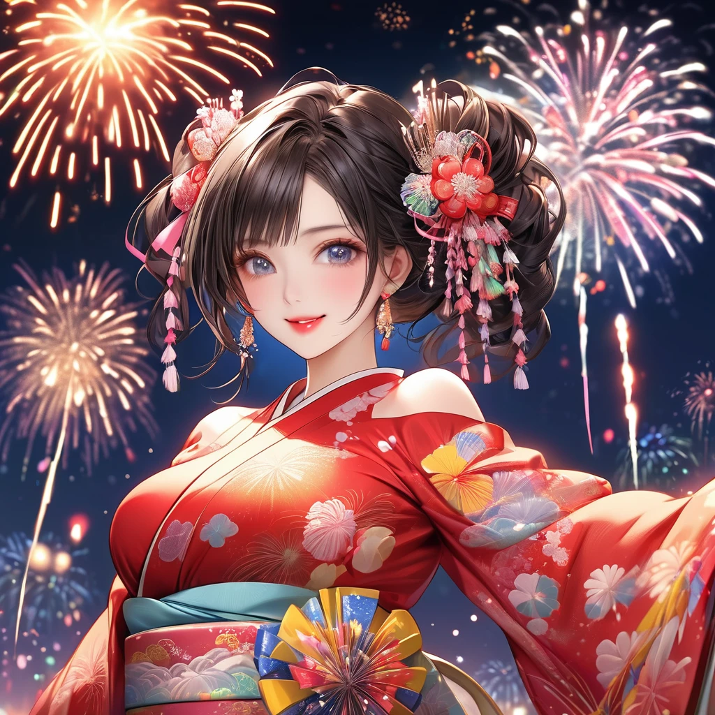 {L{worst quality, low-quality}, ((a closeup)), (girl with:1.2), (Big breasts), (A dark-haired, short-cut:1.3), plump shiny lips, Beautiful clear eyes, (The best smile), Spoken Heart, (perfect hand:1.2), (firework theme:1.4), (Japanese courtesan girl with:1.3), (Comes with maxi length red kimono [yellow] Obi:1.4), (Highly detailed and colorful embroidery and fancy firework patterns :1.3), (off shoulders:1.4), (geta:1.2), (Fancy hair ornaments:1.3), ((super huge ribbon:1.2) in front of the waist:1.3), low angle shot, (dazzling fireworks light1.4), (beautiful fireworks background:1.2), masutepiece,Best Quality,ultra-detailliert, ​masterpiece,