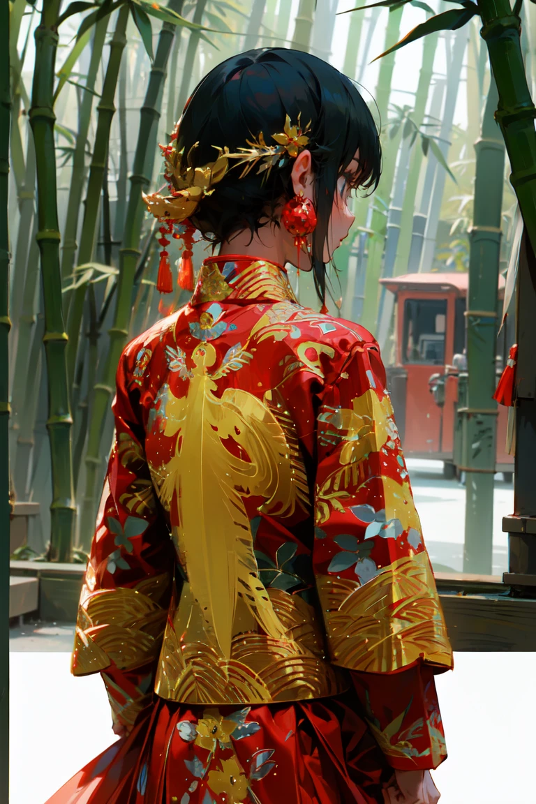 (masterpiece, best quality:1.3), highly detailed, POV, 1girl, red eyes, sad, red wedding dress, standing, looking away from user, long black hair, hair cover face, bamboo forest background, at night, Asian theme, cinematic lighting, absurdres
