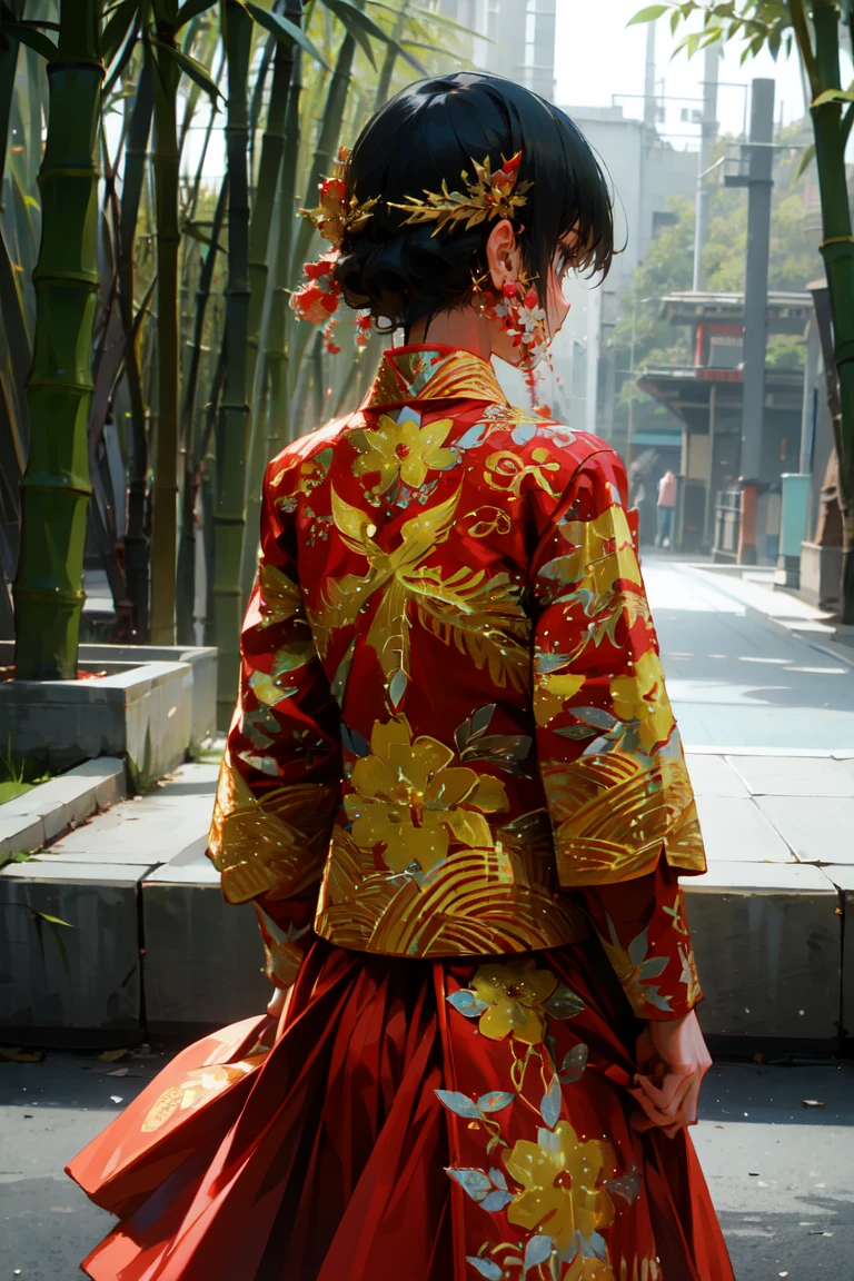 (masterpiece, best quality:1.3), highly detailed, POV, 1girl, red eyes, sad, red wedding dress, standing, looking away from user, long black hair, hair cover face, bamboo forest background, at night, Asian theme, cinematic lighting, absurdres